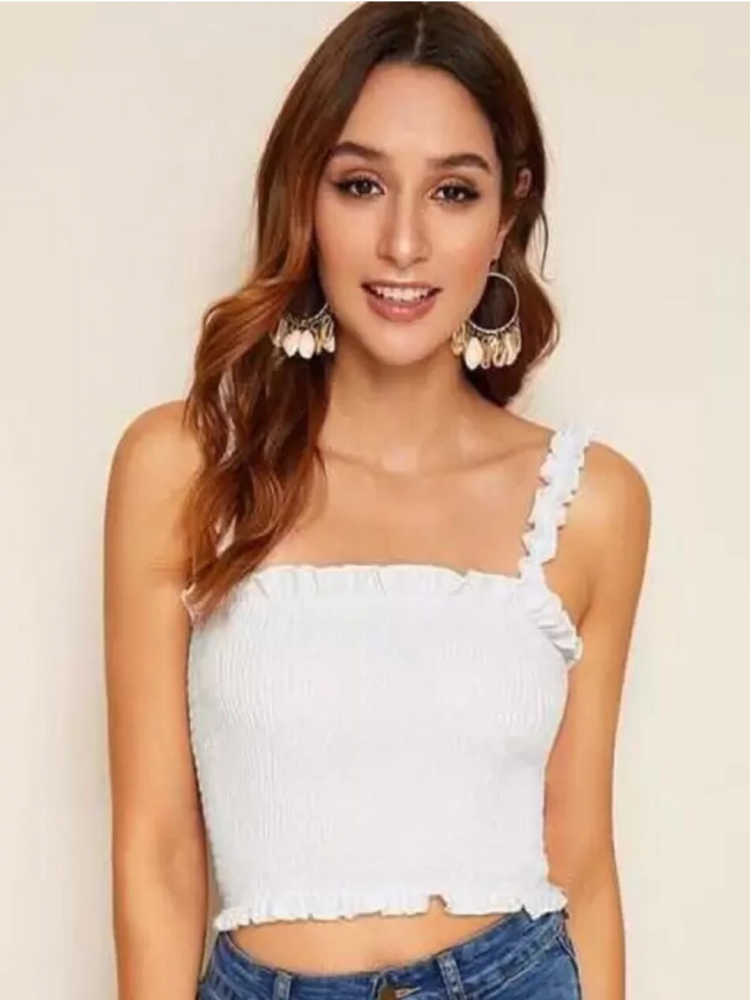 

IQRAAR Woman Bobbin Elastic Crop Top, White