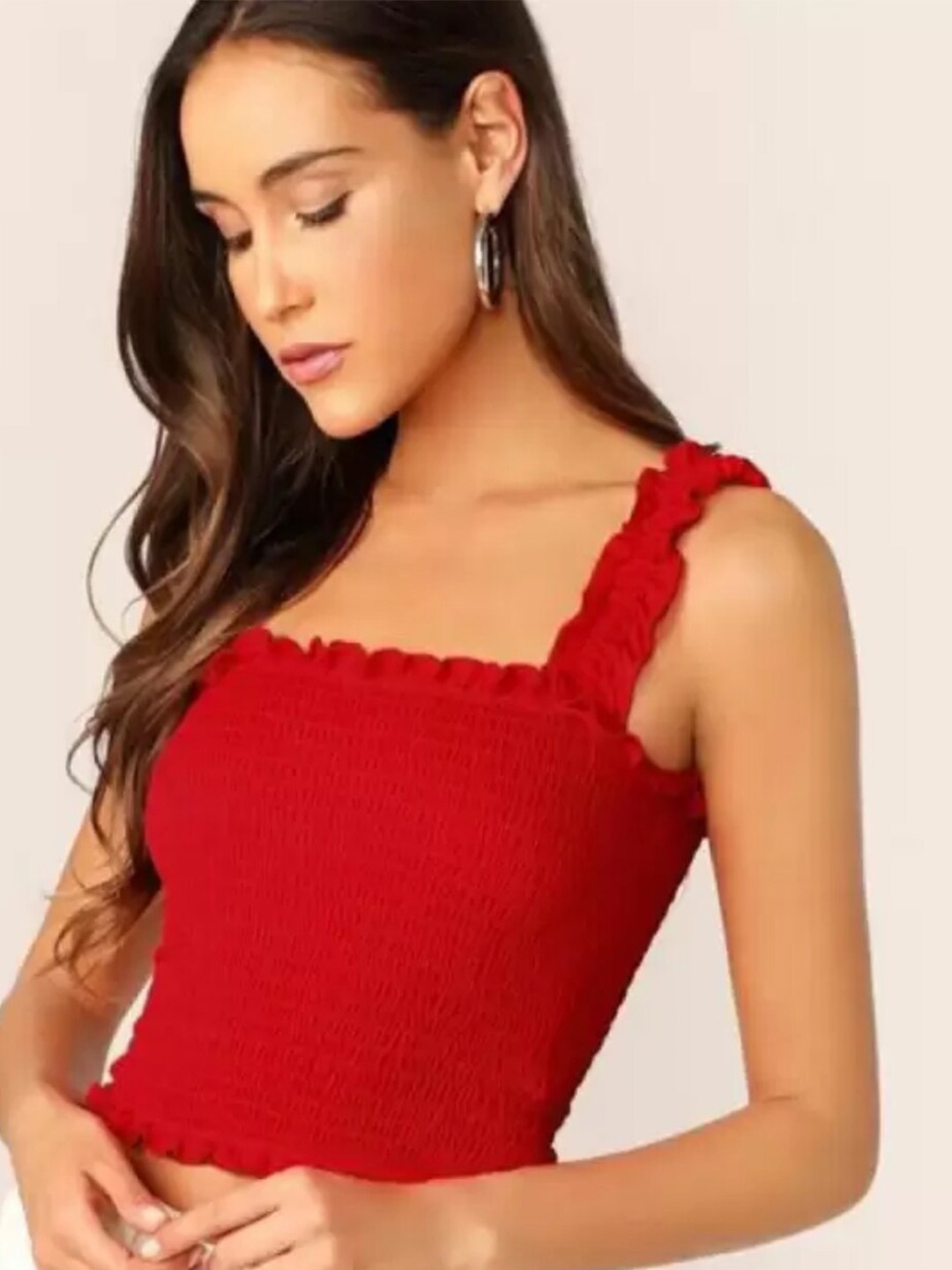 

IQRAAR Woman Bobbin Elastic Crop Top, Red