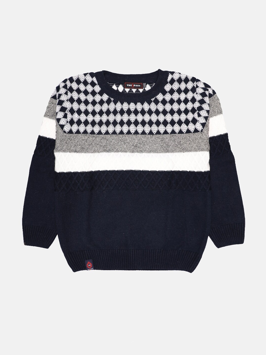 

TREPASS Boys Navy Blue & White Colourblocked Woollen Pullover