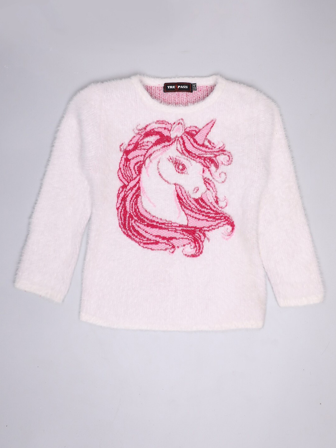 

TRE&PASS Girls White Woolen Animal Print Winter Pullover