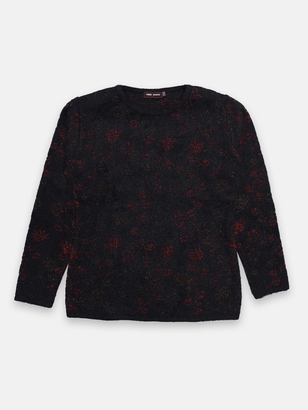

TRE&PASS Girls Black & Red Self Design Woolen Winter Pullover