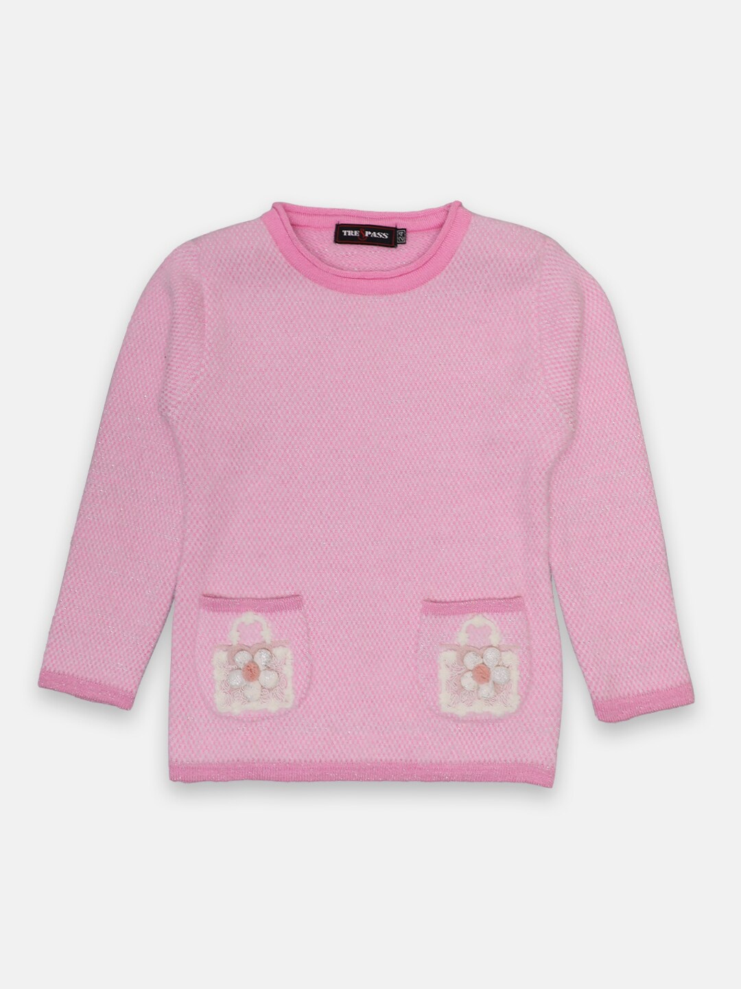 

TRE&PASS Girls Pink Solid Woolen Winter Pullover With Pockets