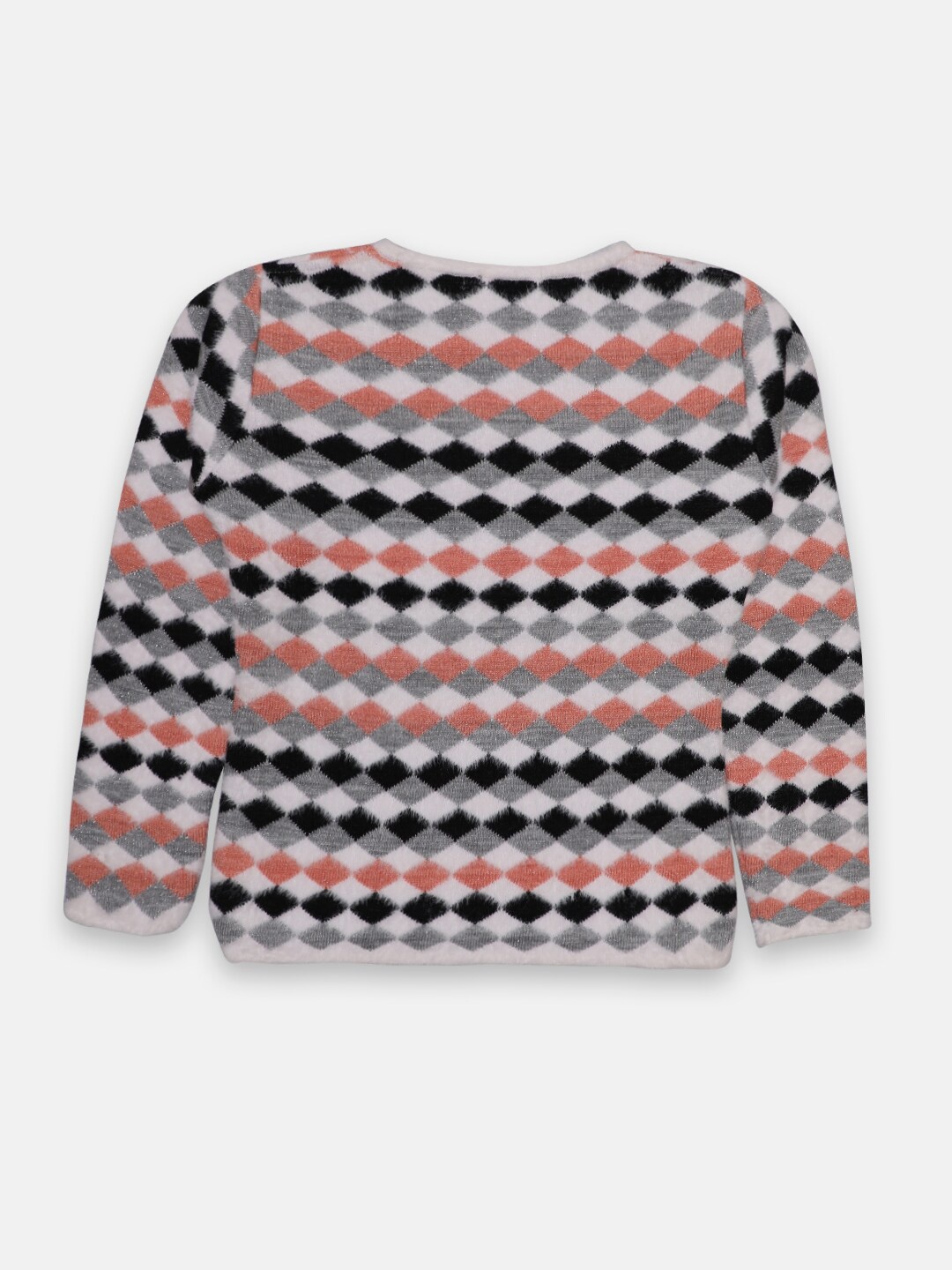 

TRE&PASS Girls White & Orange Geometric Self Design Woolen Winter Pullover