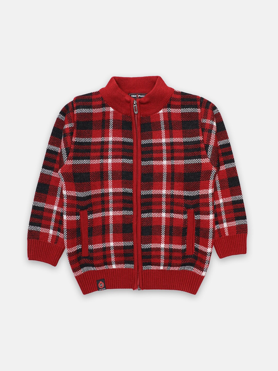 

TRE&PASS Boys Maroon & Black Checked Woolen Cardigan