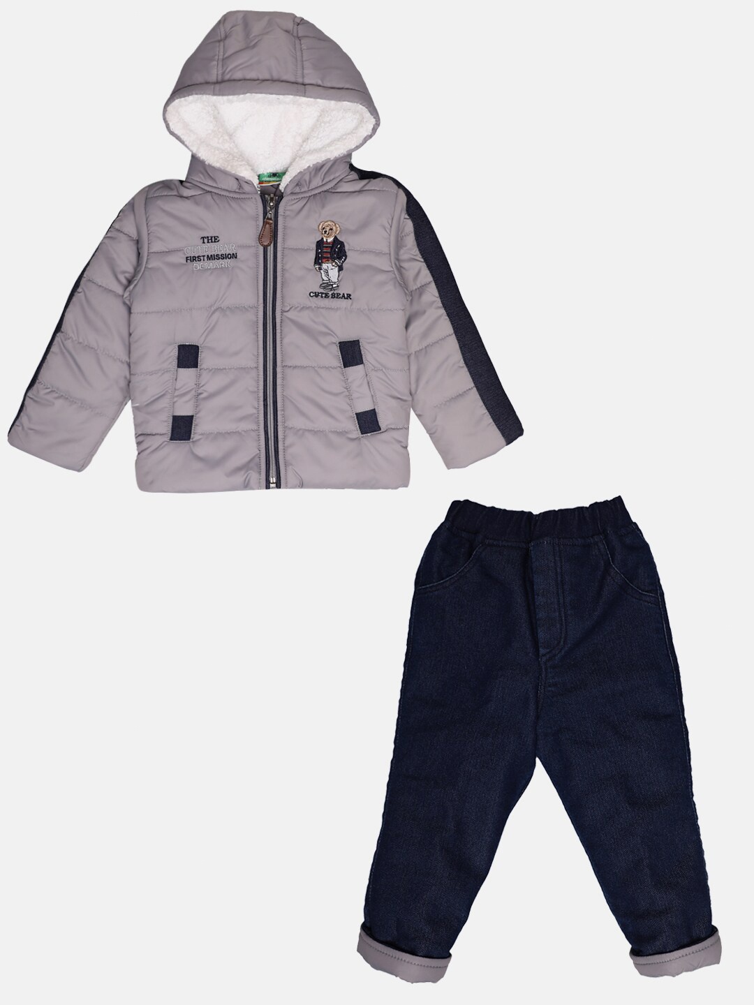 

Little Kiki Boys Grey & Navy Blue Printed Coat with Trousers