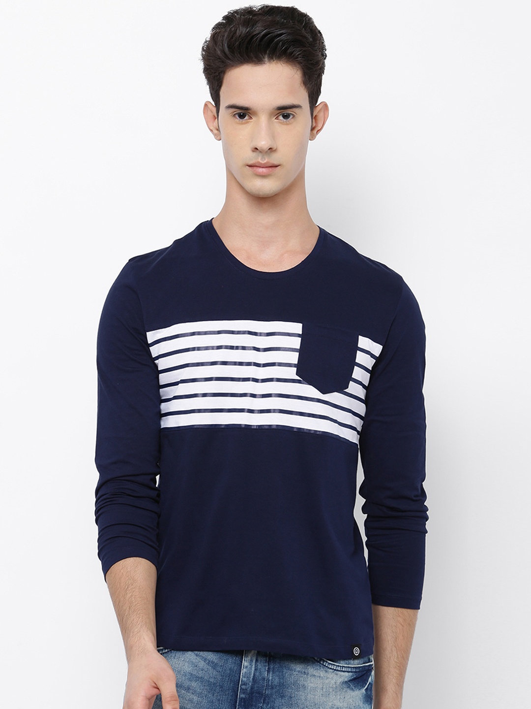 

LOCOMOTIVE Men Navy Striped Round Neck T-shirt, Navy blue