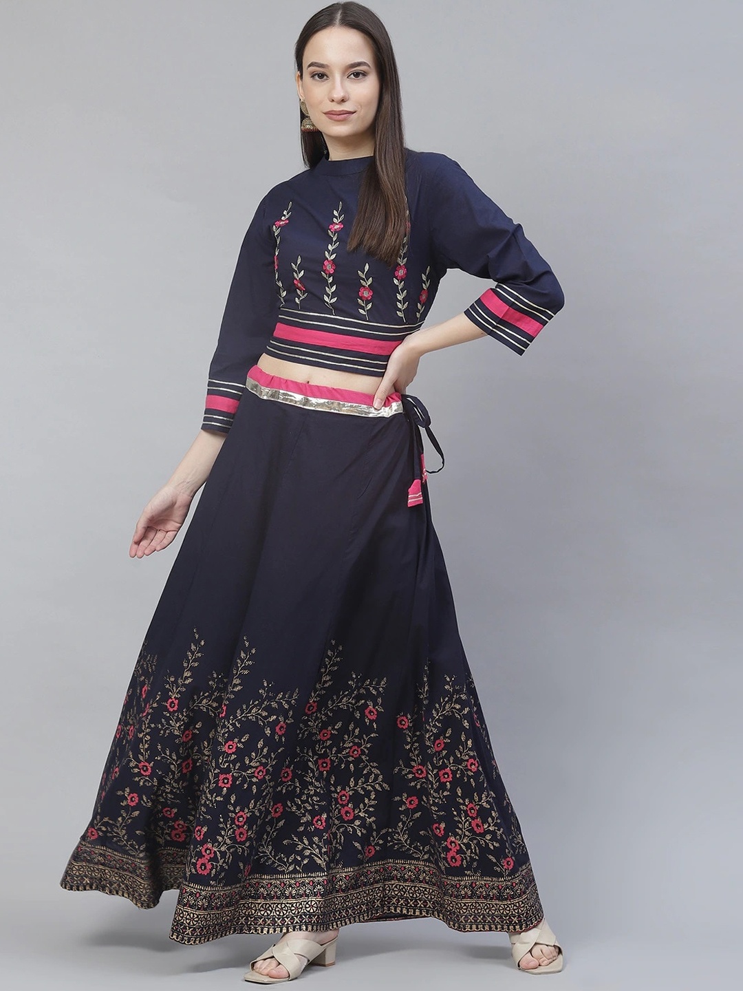 

Meeranshi Navy Blue & Pink Embroidered Ready to Wear Cotton Lehenga Choli