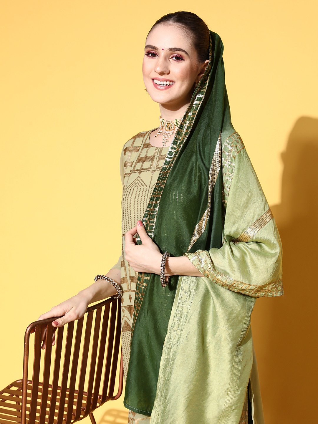 

Varanga Women Green Embroidered Sequinned Kurta with Sharara & Dupatta