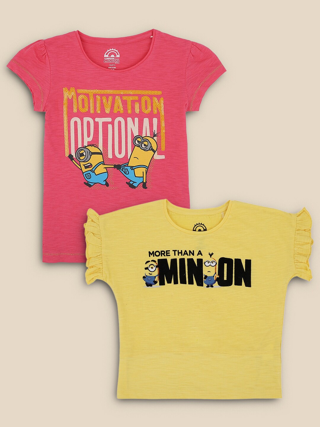 

Kids Ville Girls Pink & Yellow Cotton Pack Of 2 Minions Printed T-shirt