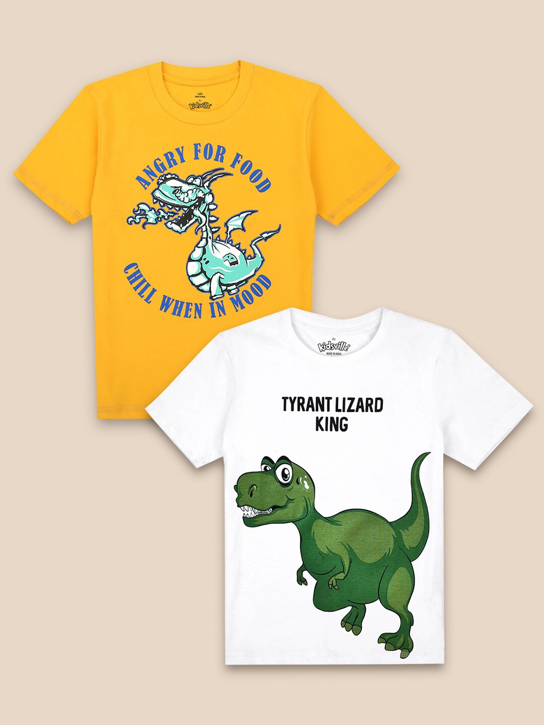 

Kids Ville Boys White & Yellow Cotton Pack Of 2 Printed T-shirt