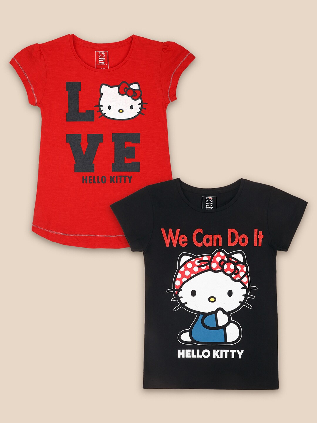 Kids Ville Girls Red & Black 2 Hello Kitty Printed T-shirt