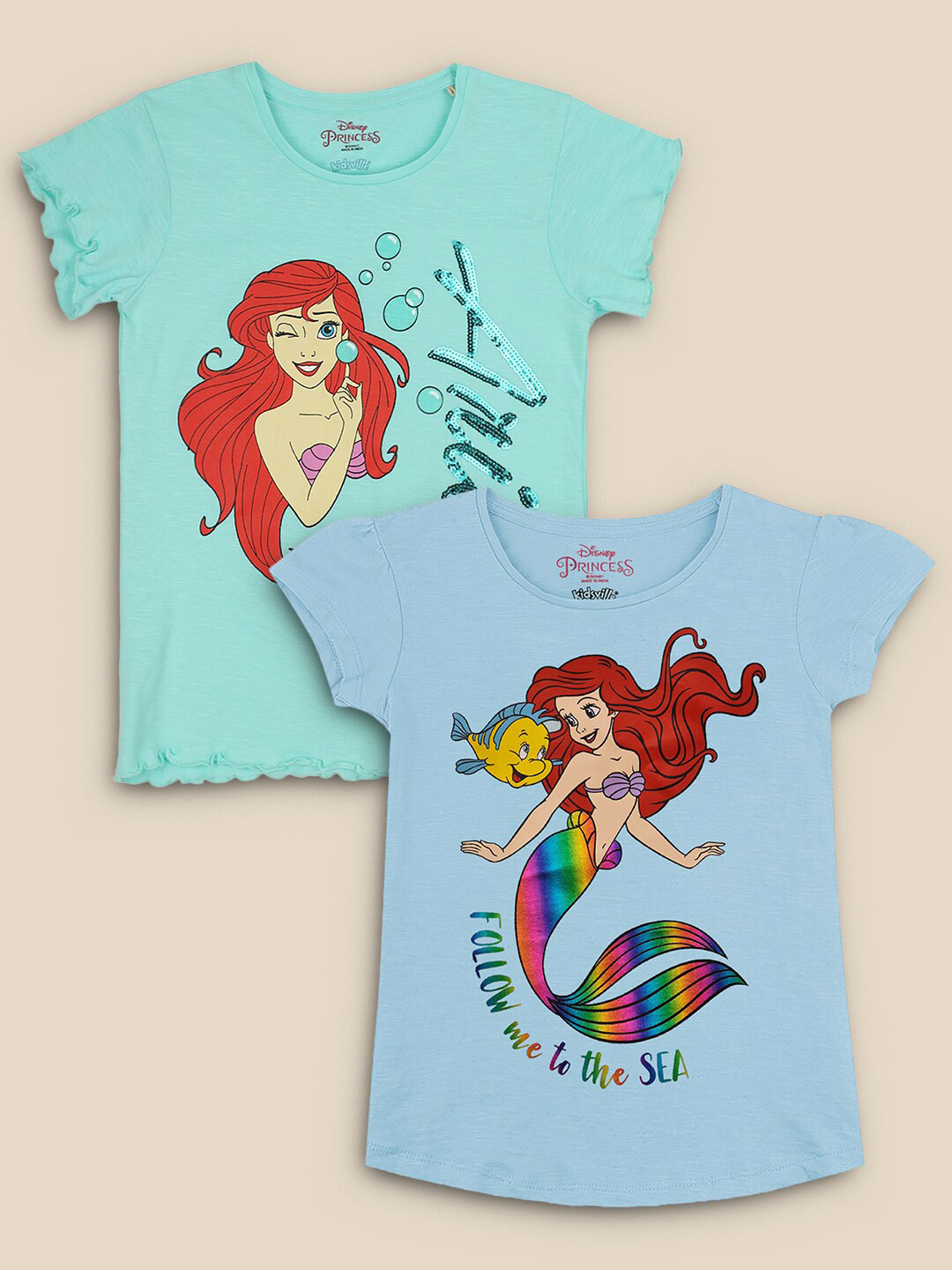 

Kids Ville Girls Blue & Green Cotton Pack Of 2 Disney Princess Print T-shirt