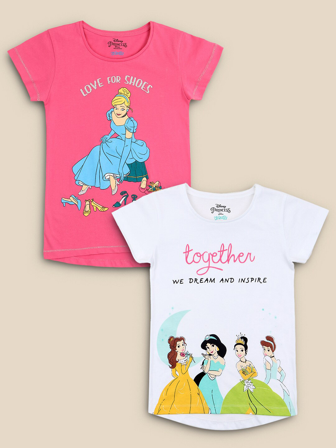 

Kids Ville Girls Pack of 2 Disney Princess Printed Tshirt, Pink