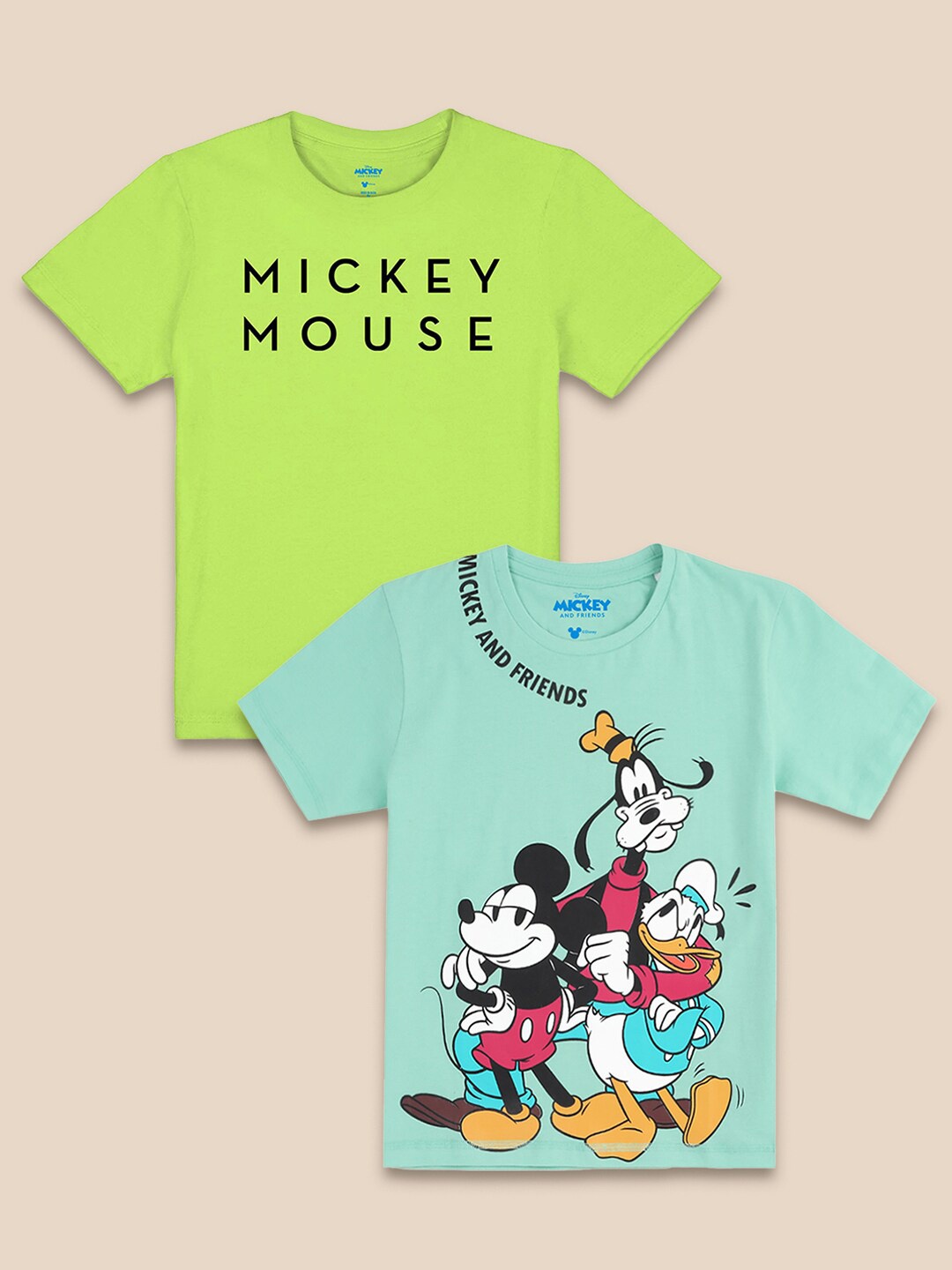 

Kids Ville Boys Blue & Green Cotton Pack Of 2 Typography Mickey & Friends Printed T-shirt