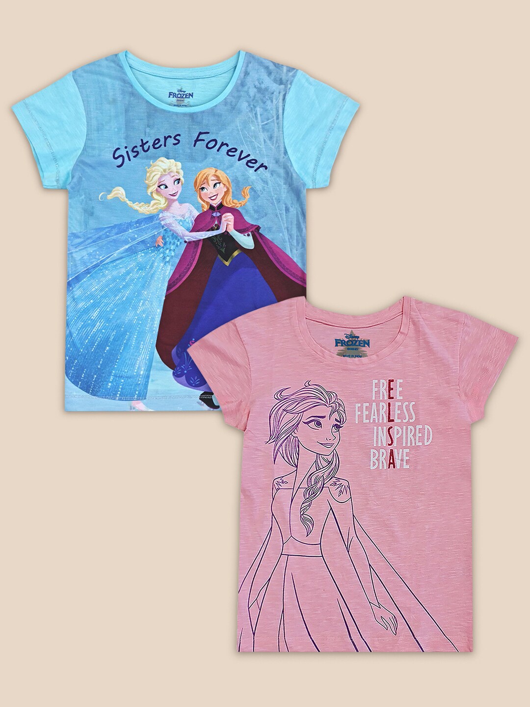 

Kids Ville Girls Frozen Pink & Blue Pack Of 2 Printed T-shirt