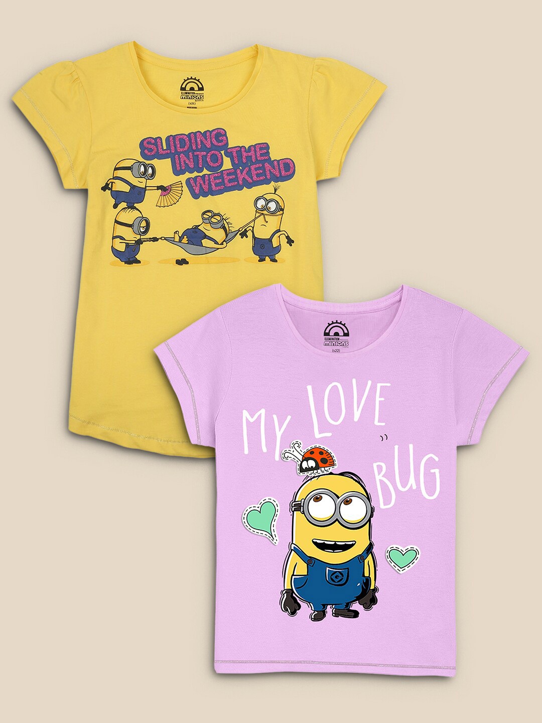 

Kids Ville Girls Mustard Yellow & Purple 2 Minions Printed T-shirt