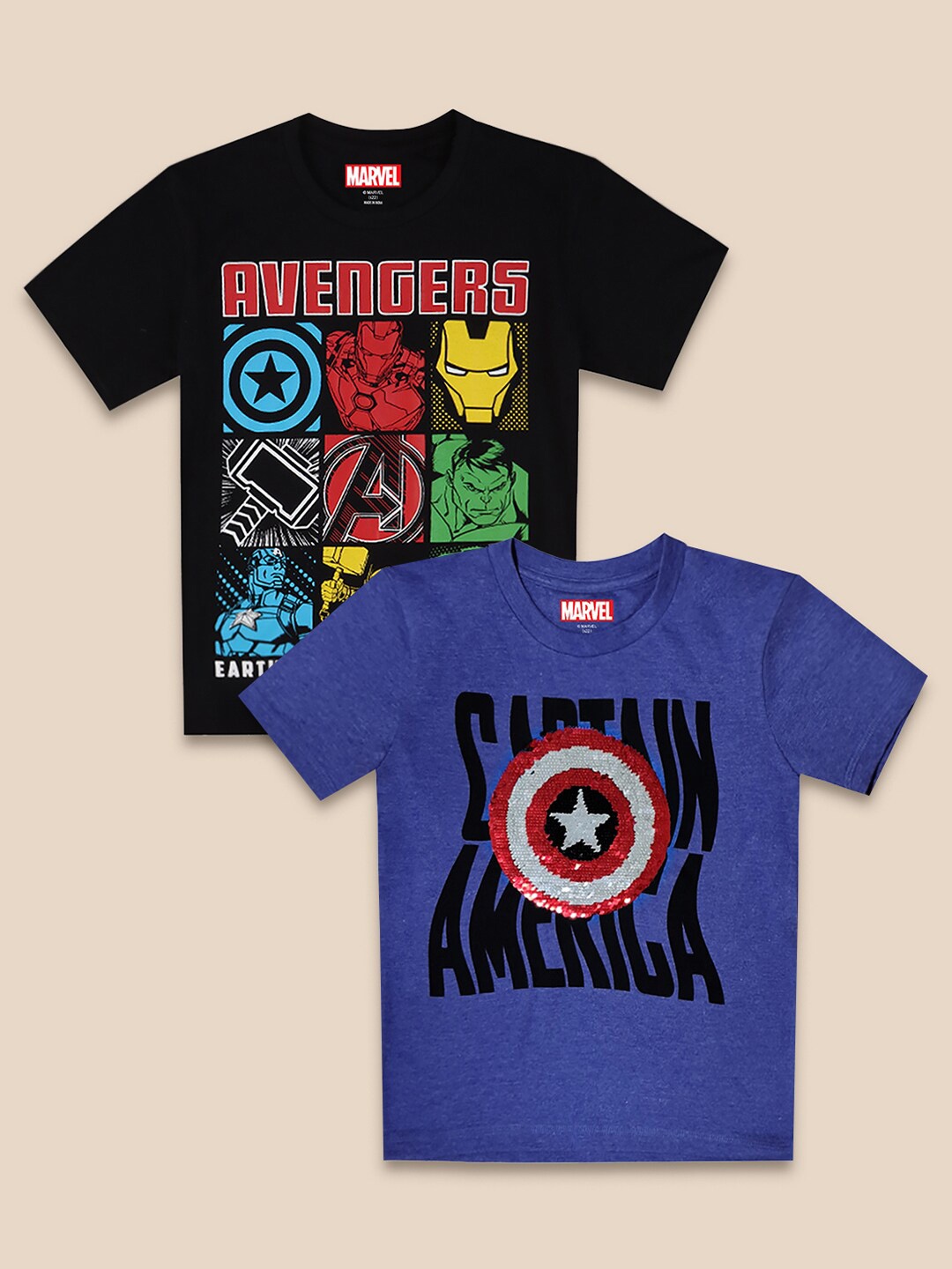 

Kids Ville Boys Blue & Black Cotton Pack Of 2 Avenger Printed T-shirt