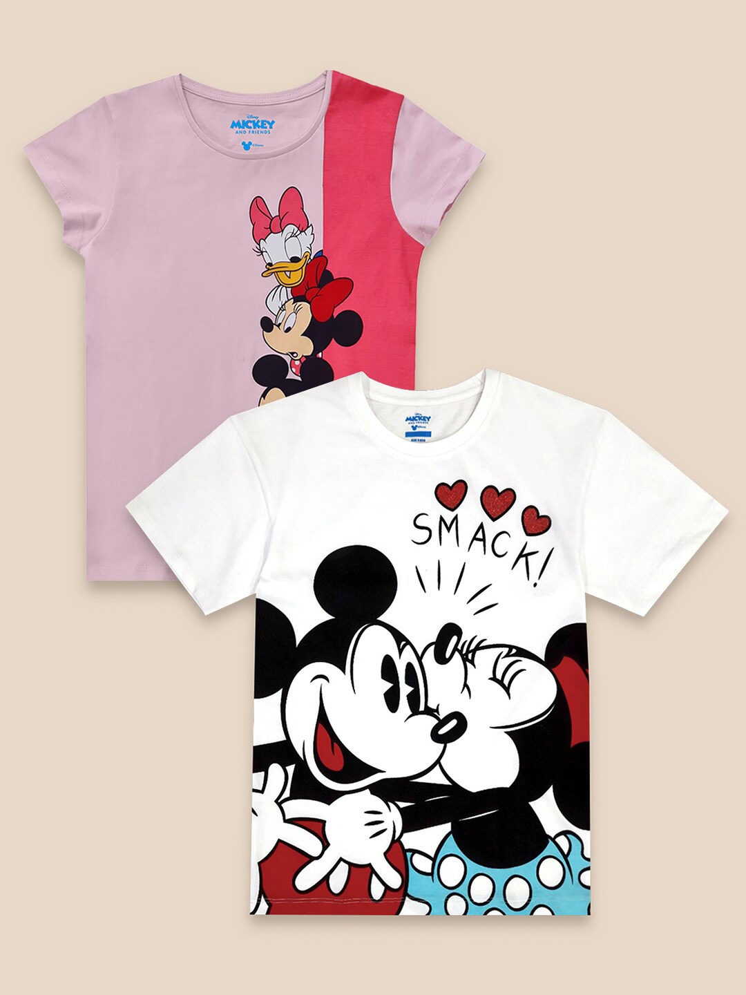 

Kids Ville Girls Pack Of 2 White & Pink Mickey & Friends Printed Pure Cotton T-shirts