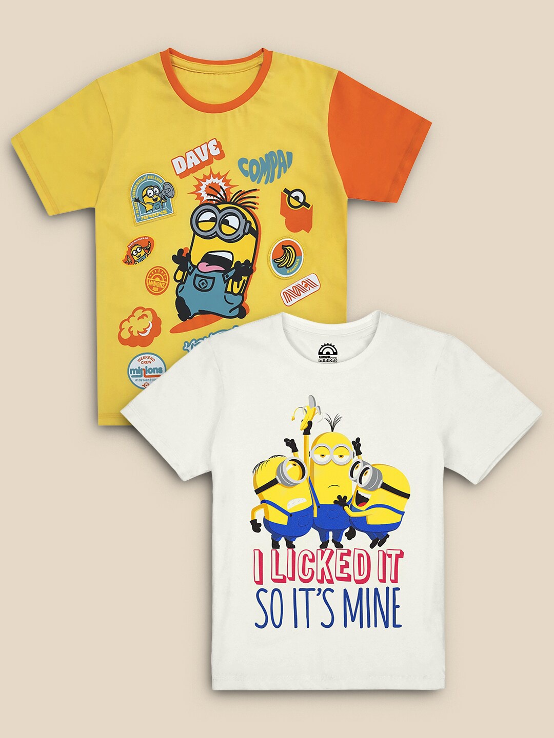 

Kids Ville Boys Pack Of 2 White & Yellow Minions Printed Pure Cotton T-shirts