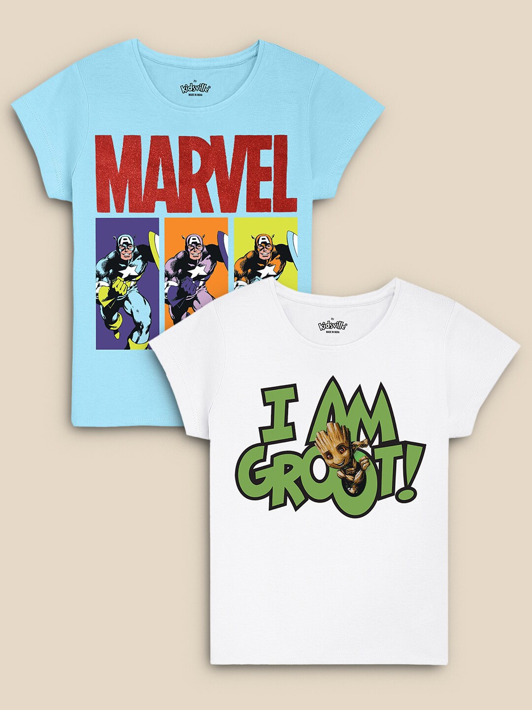 

Kids Ville Girls Pack Of 2 White & Blue Marvel Comics Printed Pure Cotton T-shirts