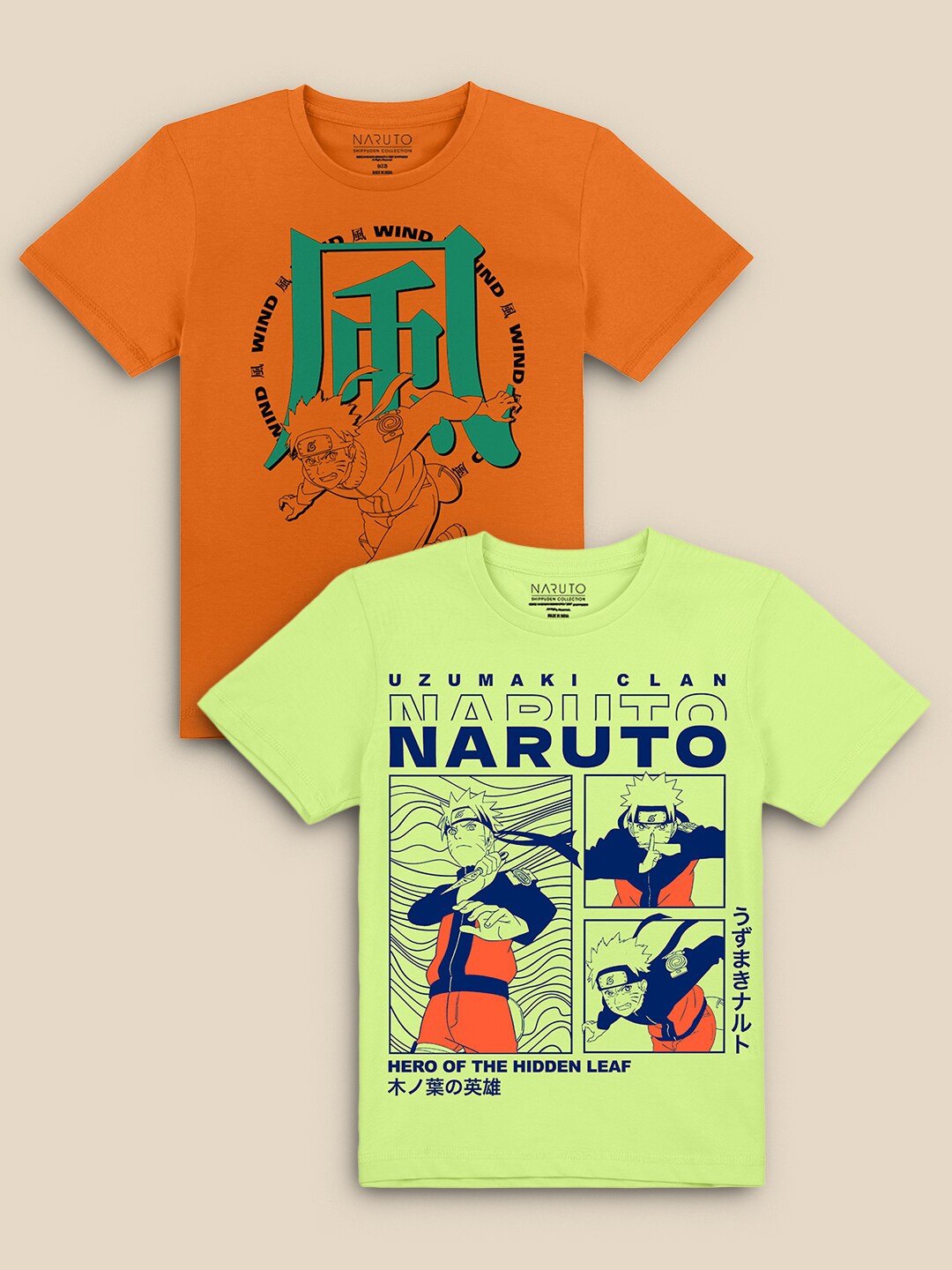 

Kids Ville Boys Pack Of 2 Orange & Yellow Naruto Printed Pure Cotton T-shirts