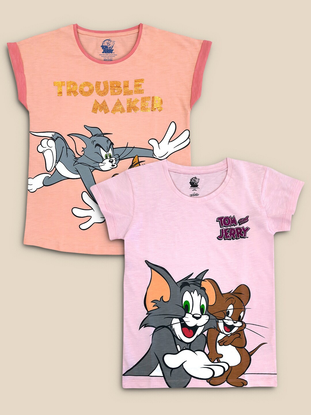 

Kids Ville Girls Pack Of 2 Pink & Peach-Coloured Tom & Jerry Printed Pure Cotton T-shirts