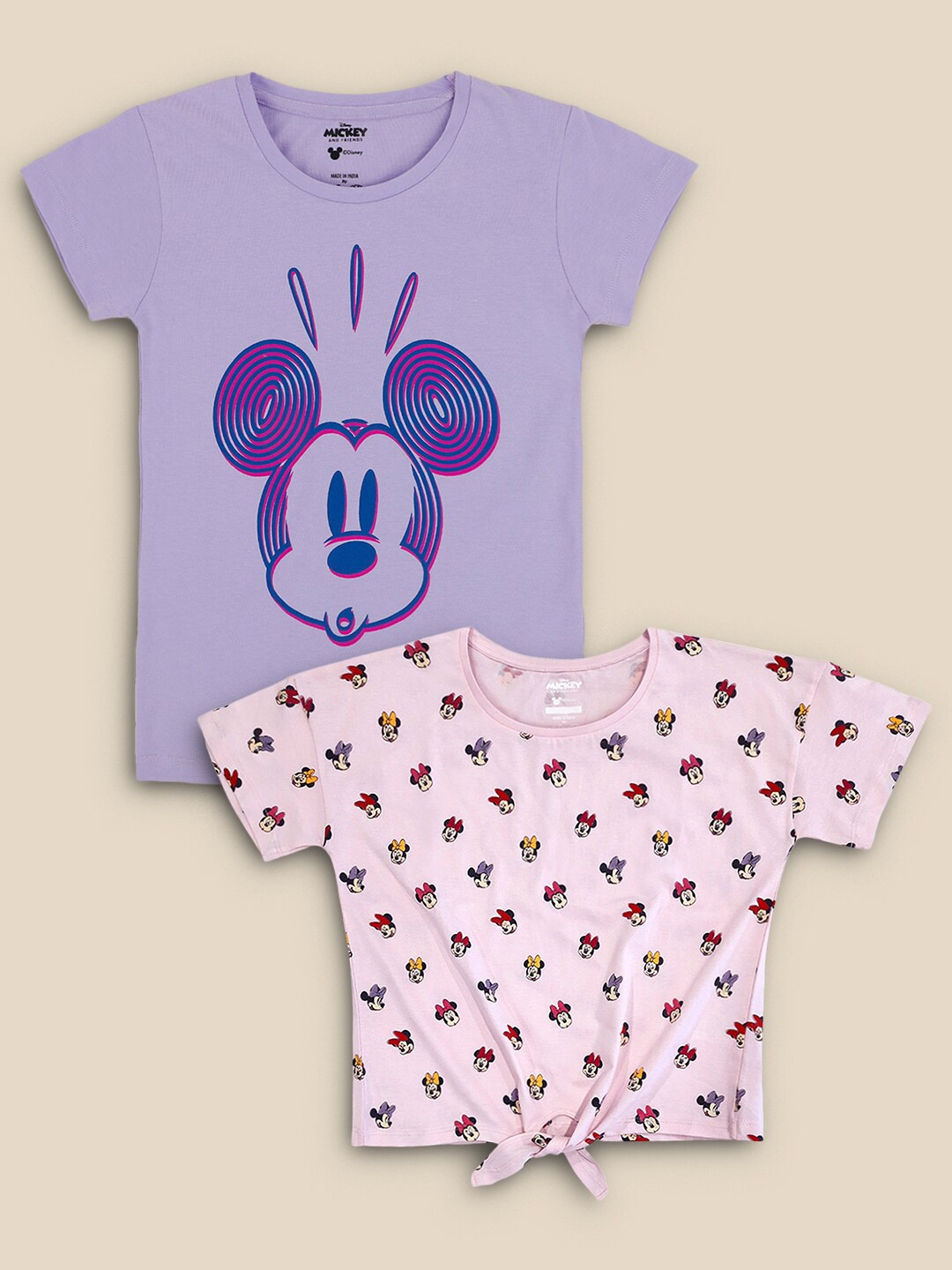 

Kids Ville Girls Pack Of 2 Pink & Purple Mickey Mouse Printed Pure Cotton T-shirts