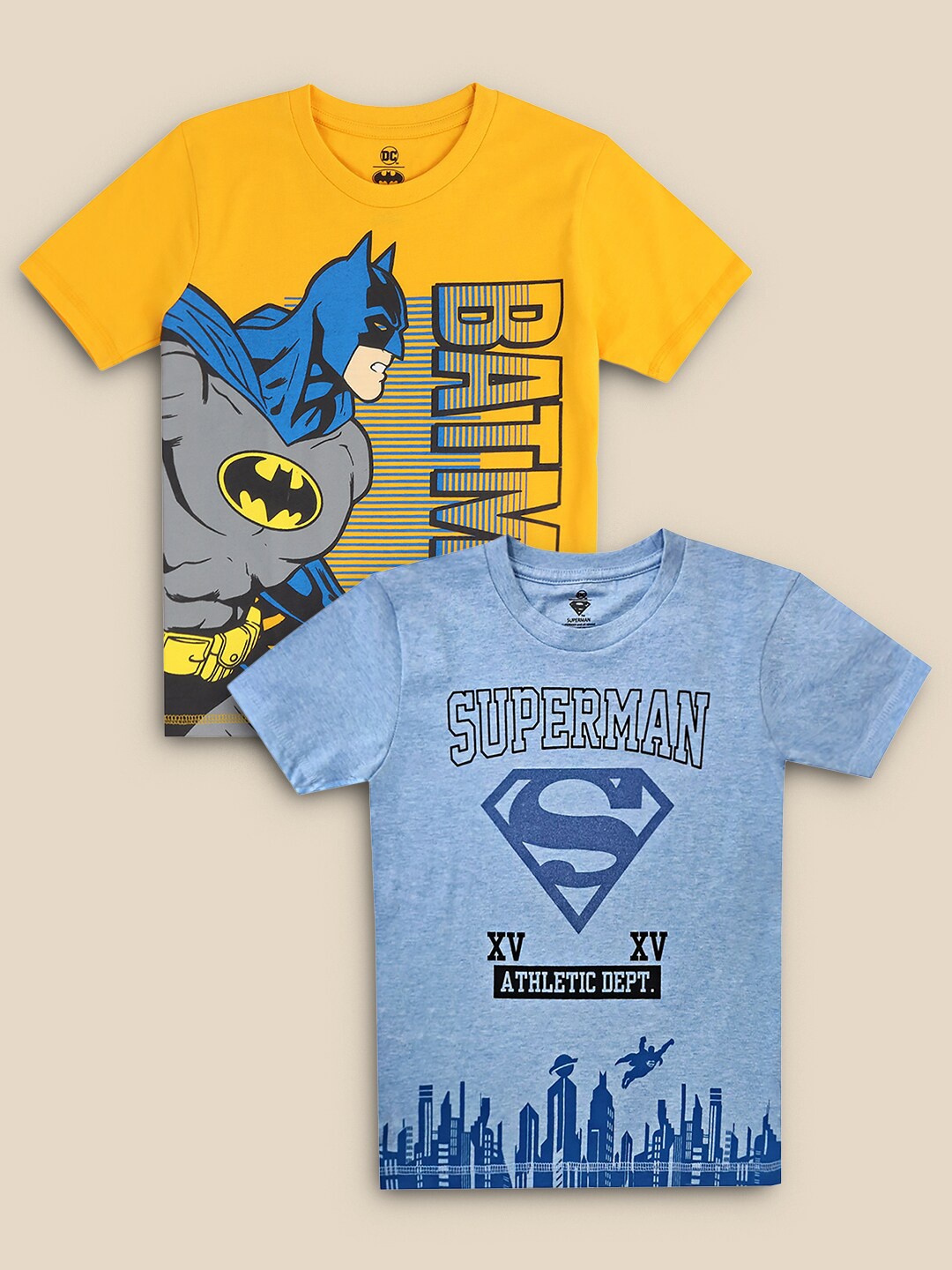 

Kids Ville Boys Pack Of 2 Yellow & Blue Batman Printed Pure Cotton T-shirts