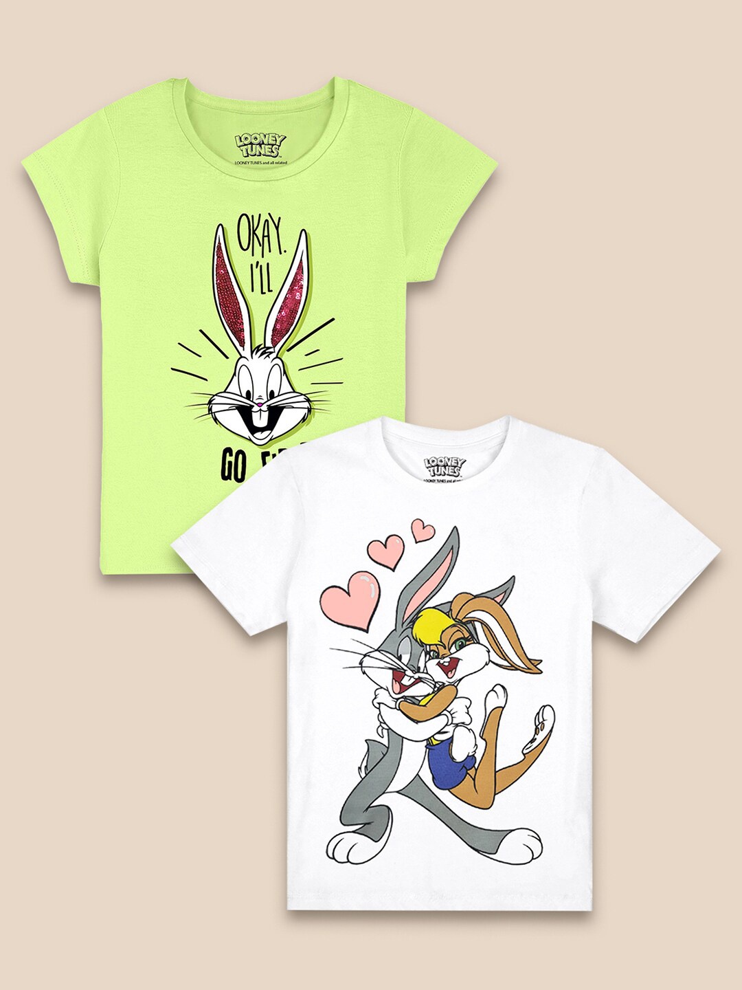 

Kids Ville Girls Pack Of 2 Green & White Looney Tunes Printed Pure Cotton T-shirts