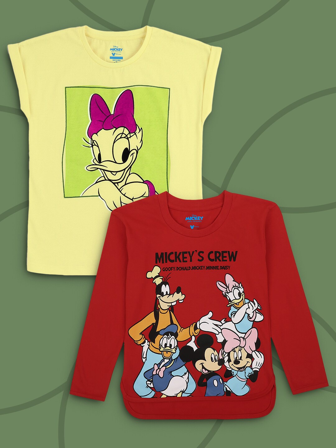 

Kids Ville Girls Pack Of 2 Yellow & Red Mickey & Friends Printed Pure Cotton T-shirts