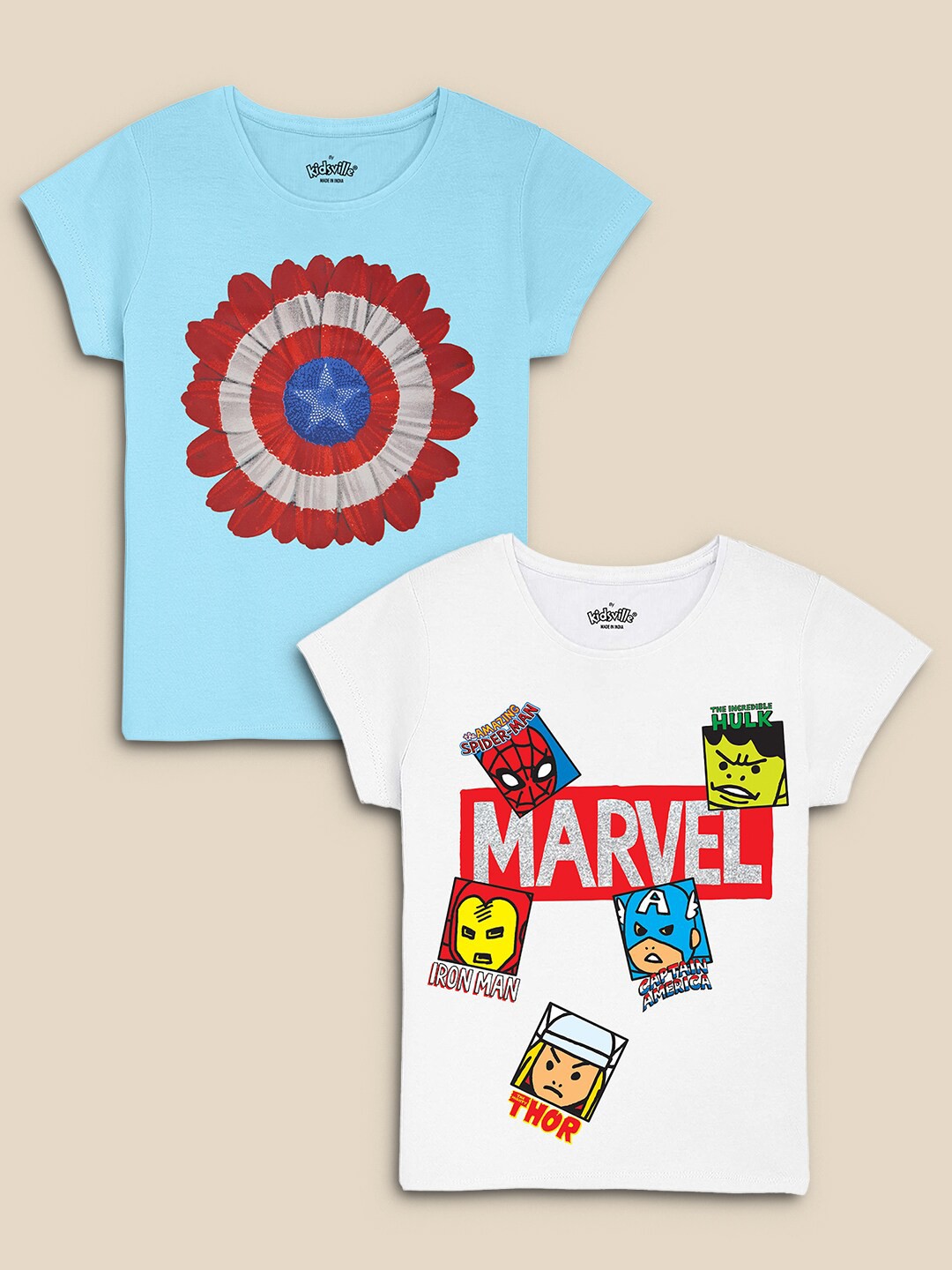 

Kids Ville Girls Pack Of 2 White & Blue Marvel Comics Printed Pure Cotton T-shirts