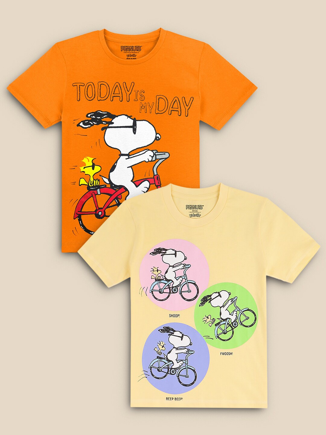 

Kids Ville Boys Pack Of 2 Orange & Beige Peanuts Printed Pure Cotton T-shirts