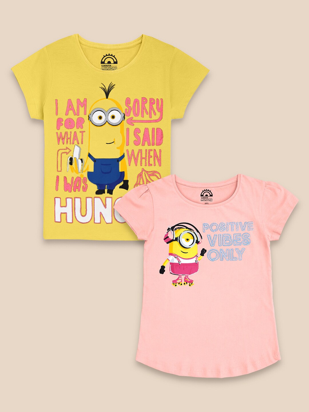 

Kids Ville Girls Pack Of 2 Yellow & Pink Minions Printed Pure Cotton T-shirts