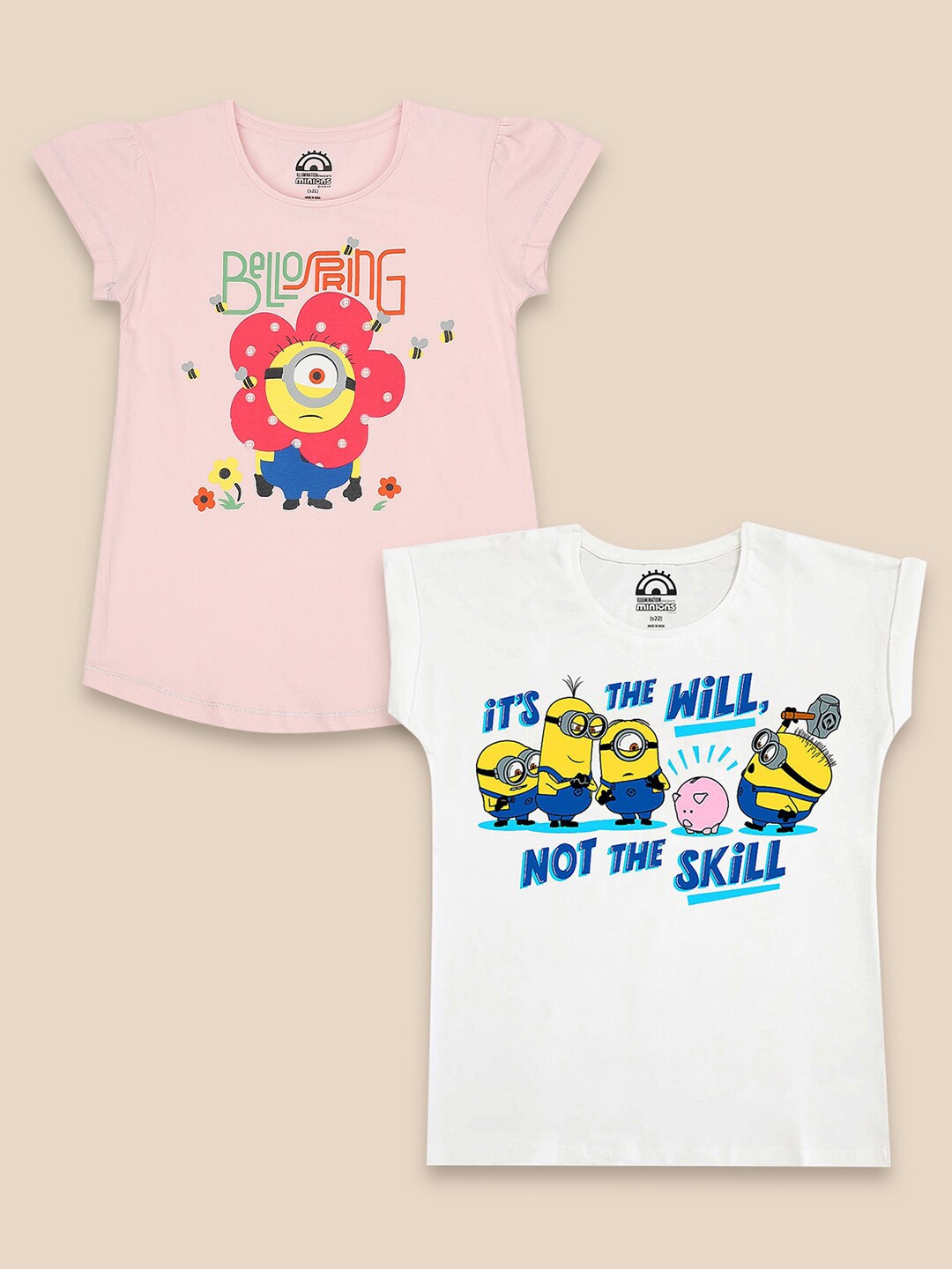 

Kids Ville Girls Pack Of 2 White & Pink Minions Printed Pure Cotton T-shirts