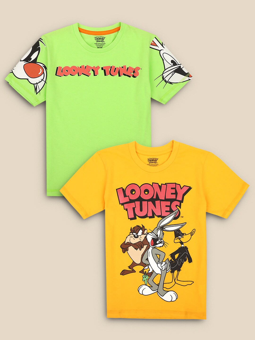 

Kids Ville Boys Pack Of 2 Green & Yellow Looney Tunes Printed Pure Cotton T-shirts