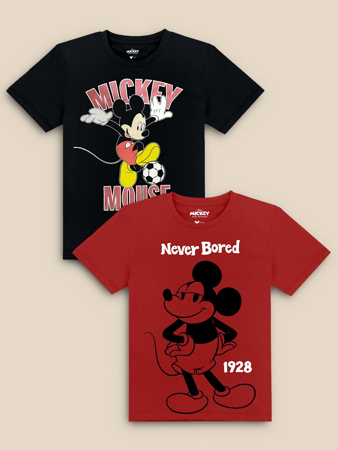

Kids Ville Boys Pack Of 2 Black & Red Mickey Mouse Printed Pure Cotton T-shirt