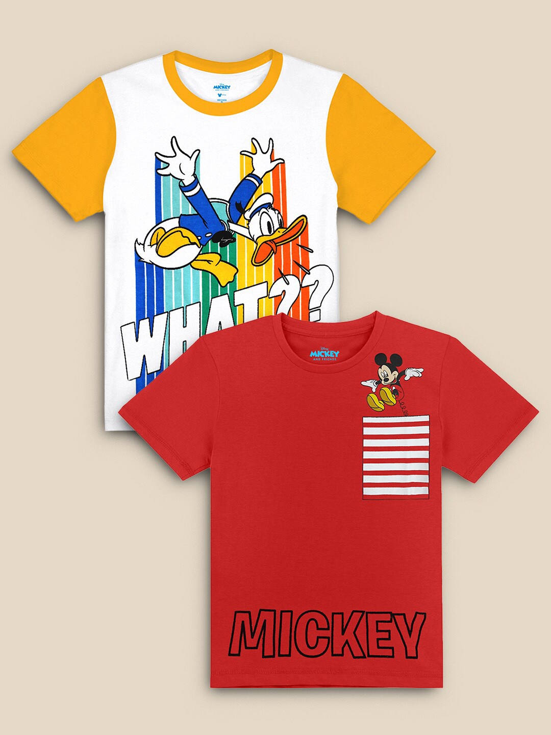

Kids Ville Boys Pack Of 2 Red & White Mickey & Friends Printed Pure Cotton T-shirt