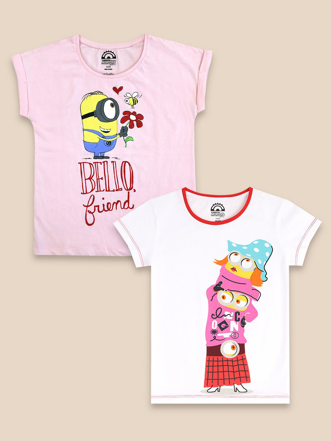 

Kids Ville Girls Pack Of 2 White & Pink Minions Printed Pure Cotton T-shirt