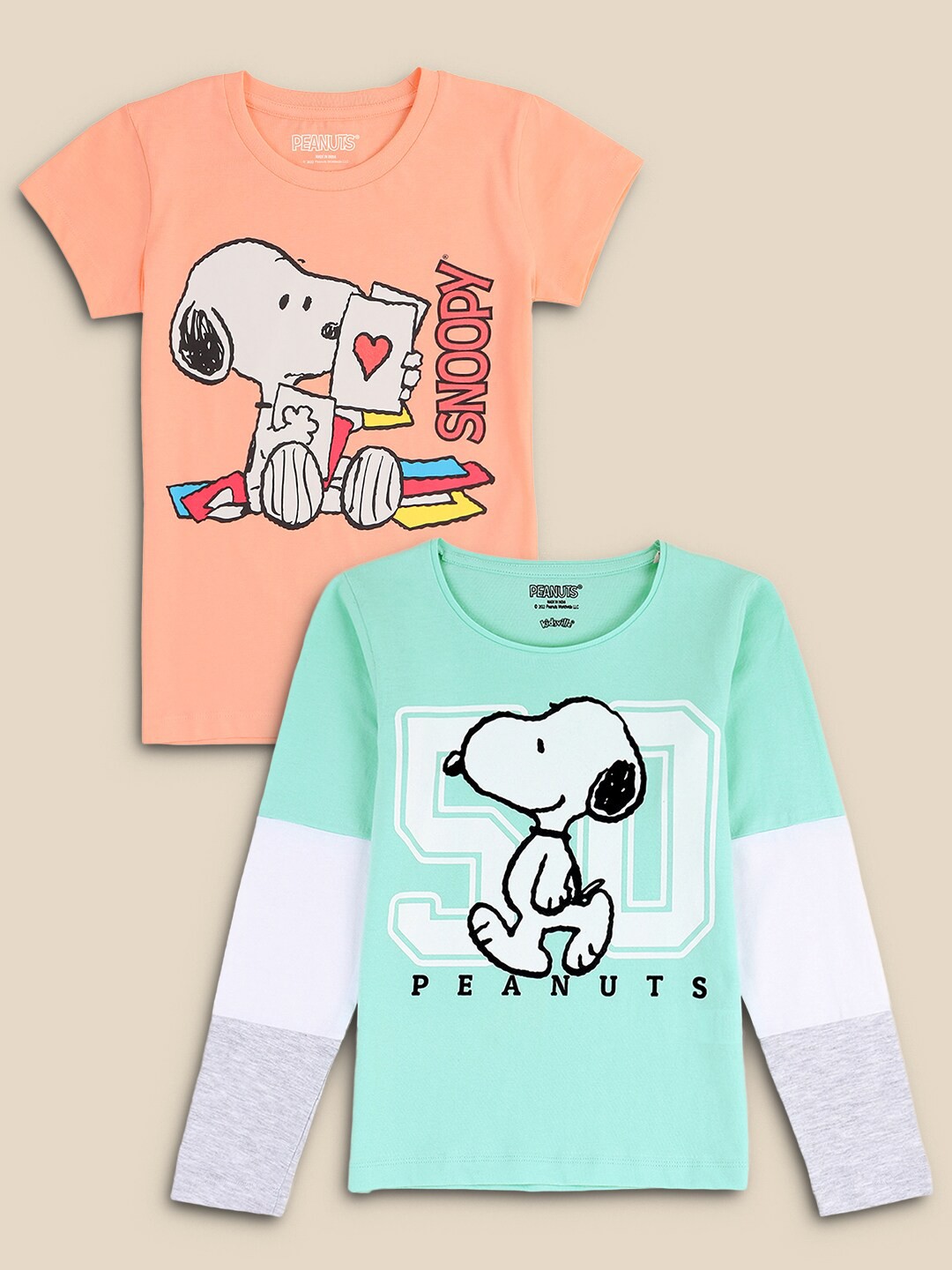

Kids Ville Girls Pack Of 2 Peach-Coloured Peanuts Printed Pure Cotton T-shirt
