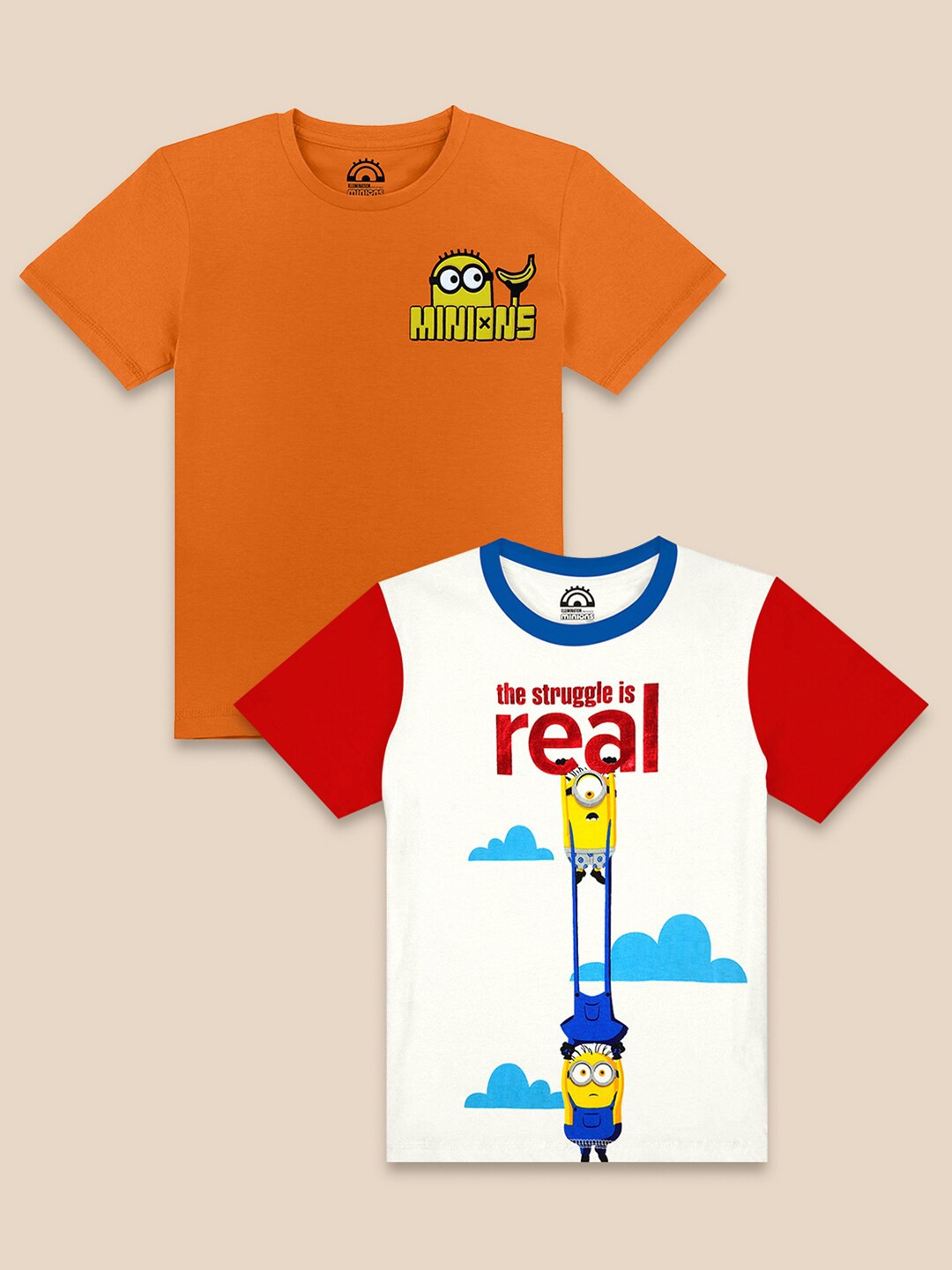 

Kids Ville Boys Pack Of 2 Orange & White Minions Printed Pure Cotton T-shirt