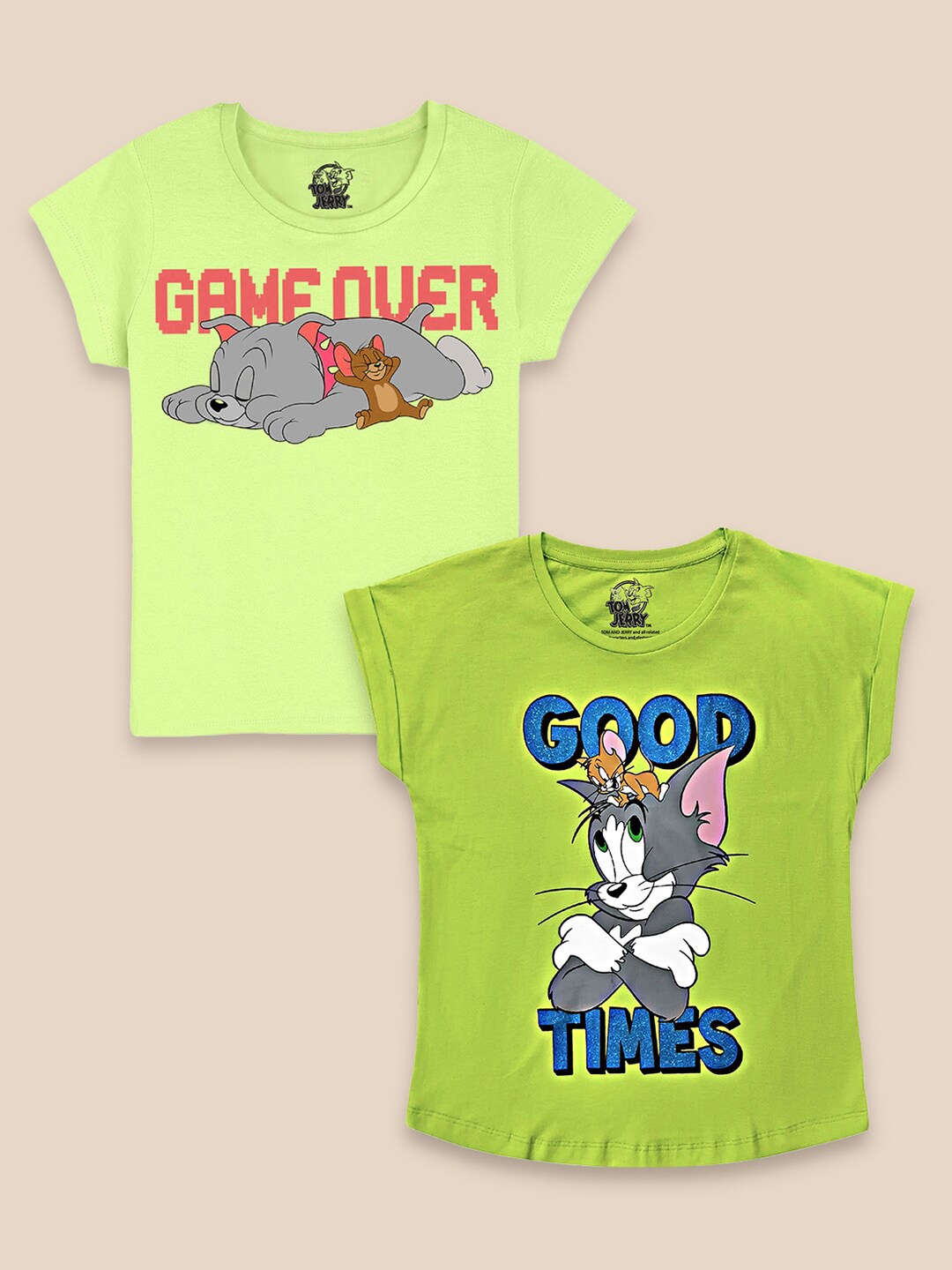 

Kids Ville Girls Pack Of 2 Green Tom & Jerry Printed Pure Cotton T-shirt