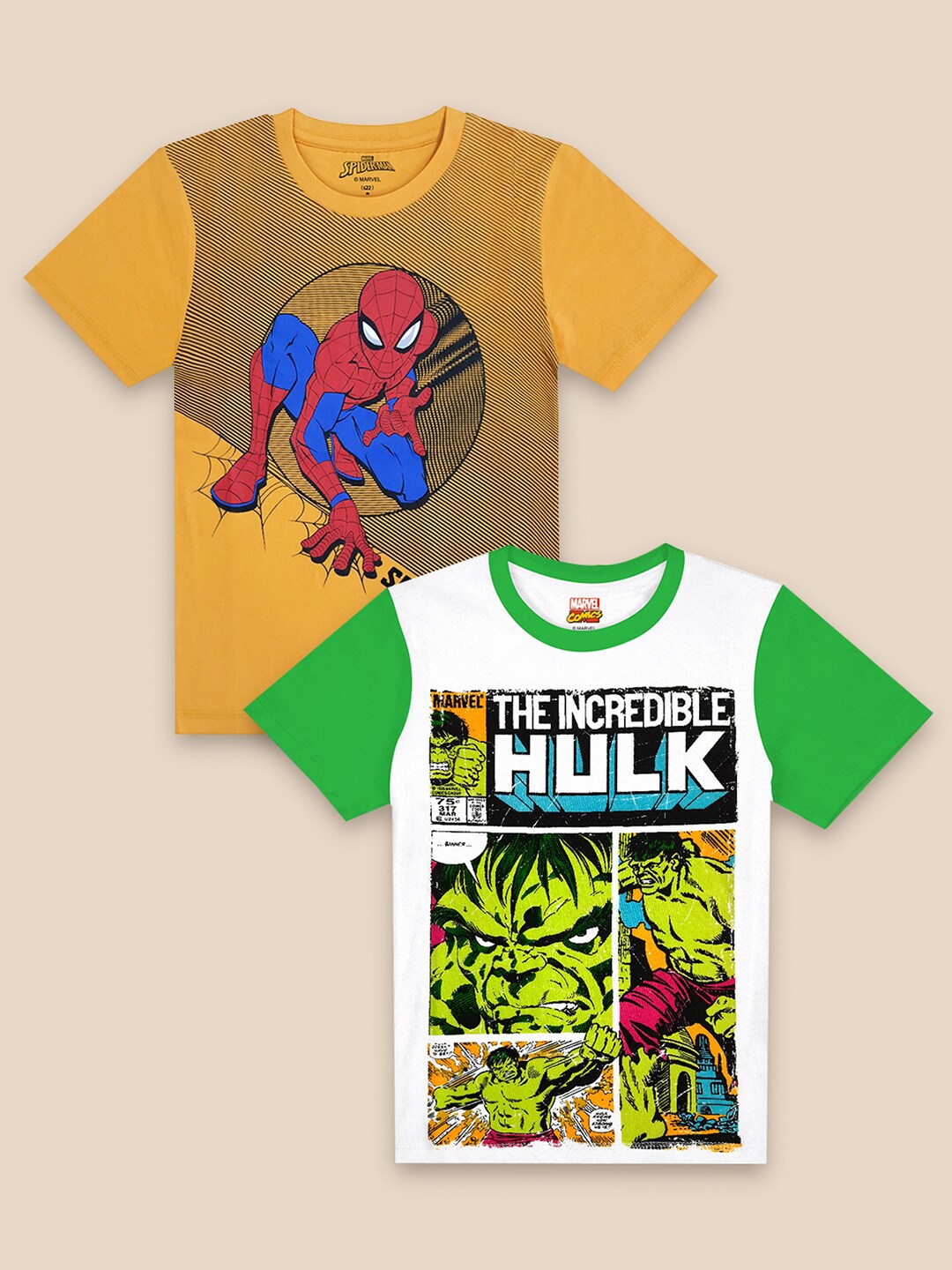 

Kids Ville Boys Pack Of 2 White & Yellow Hulk Printed Pure Cotton T-shirt