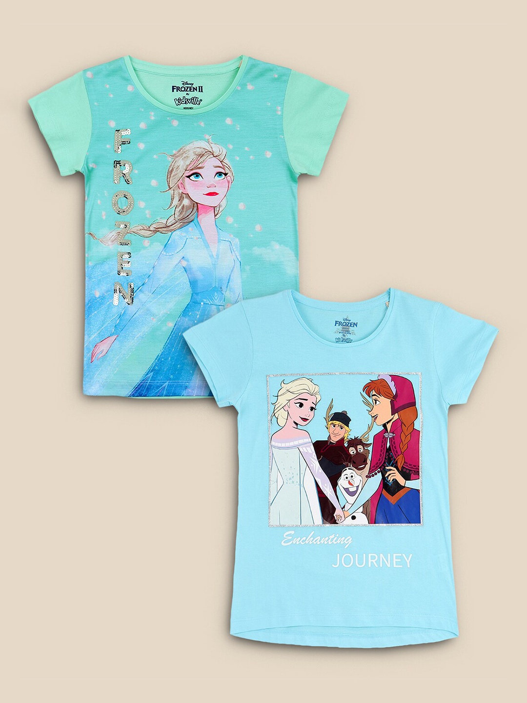 

Kids Ville Girls Pack Of 2 Blue & Sea Green Frozen Printed Pure Cotton T-shirt
