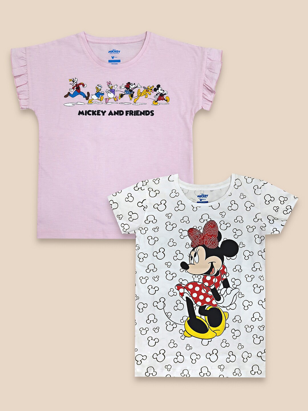 

Kids Ville Girls Pack Of 2 Purple & White Mickey & Friends Printed Pure Cotton T-shirt