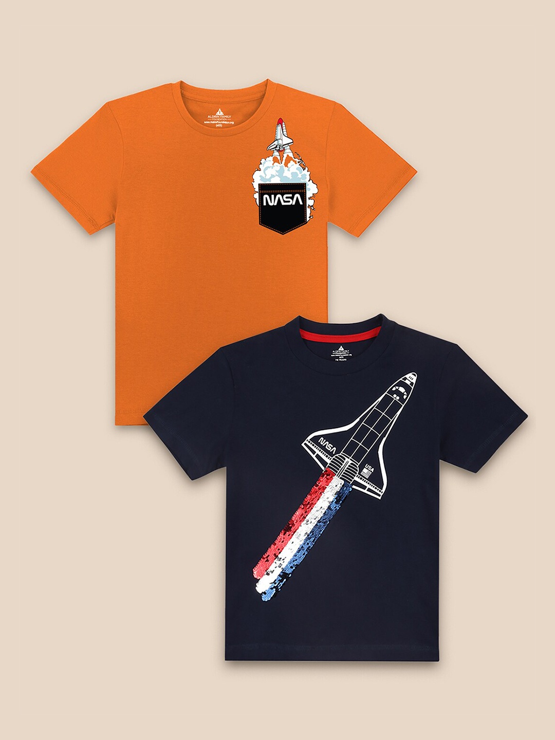 

Kids Ville Boys Pack Of 2 Orange & Navy Blue Nasa Printed Pure Cotton T-shirt