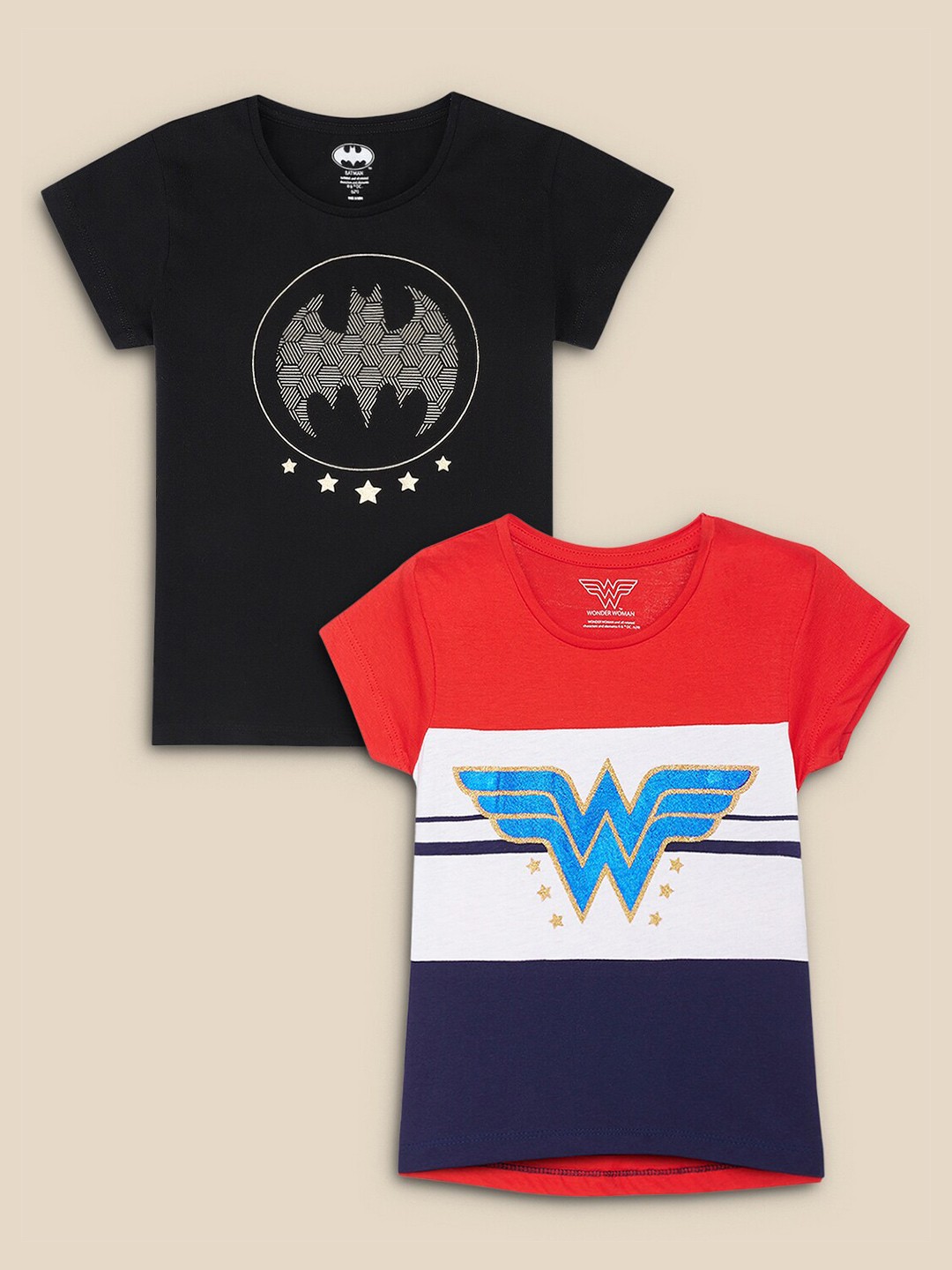 

Kids Ville Girls Pack Of 2 Black & Red Dc Comics Printed Pure Cotton T-shirt