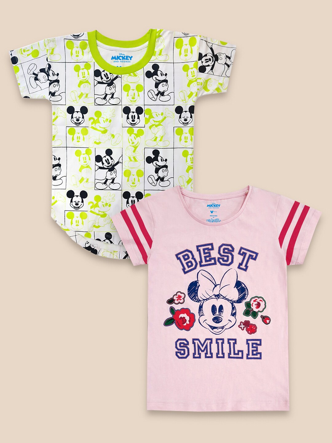 

Kids Ville Girls Pack Of 2 Pink & White Mickey & Friends Printed Pure Cotton T-shirt