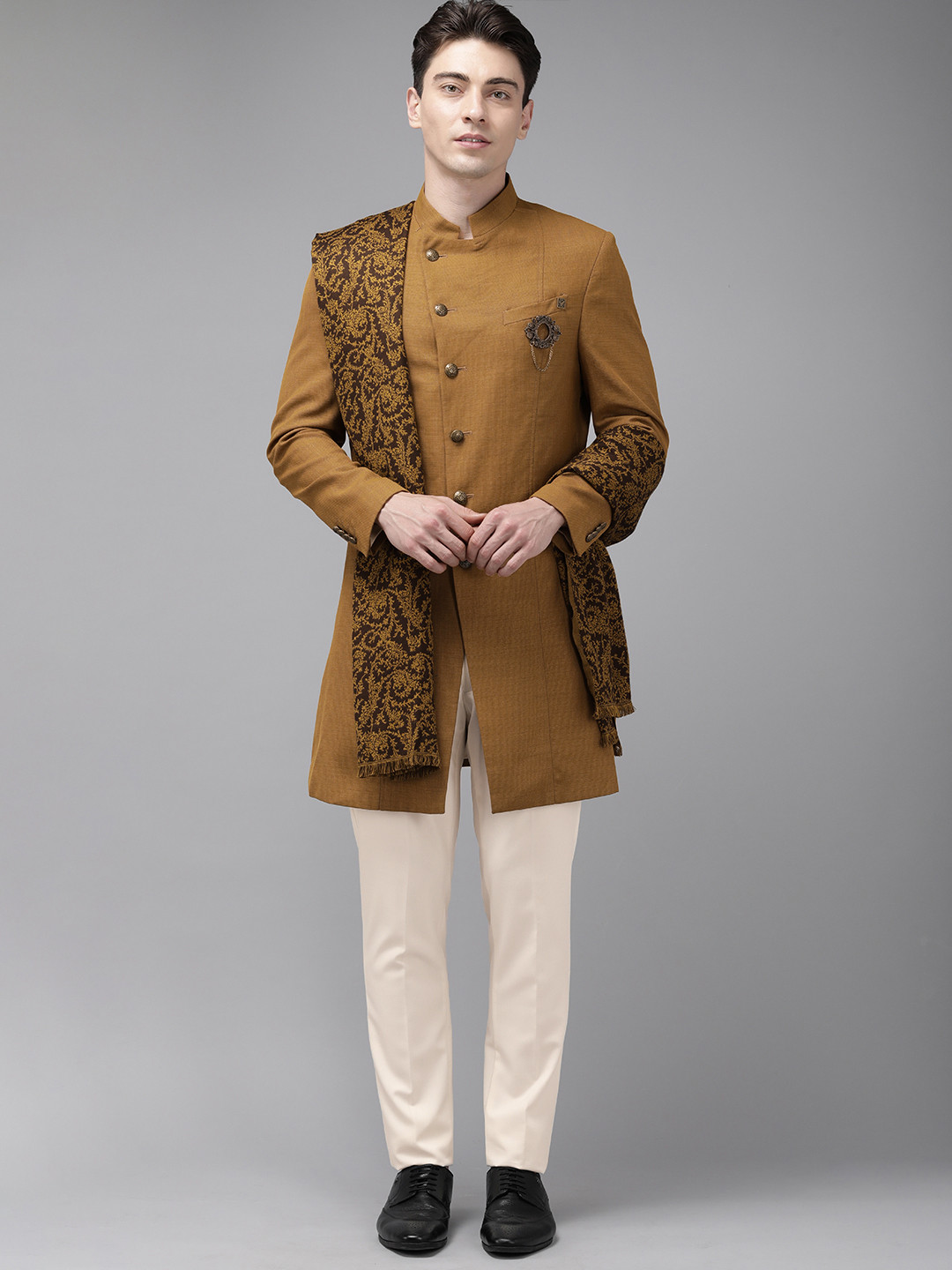 

Blackberrys Men Slim Fit Self Design Ethnic Suit, Mustard
