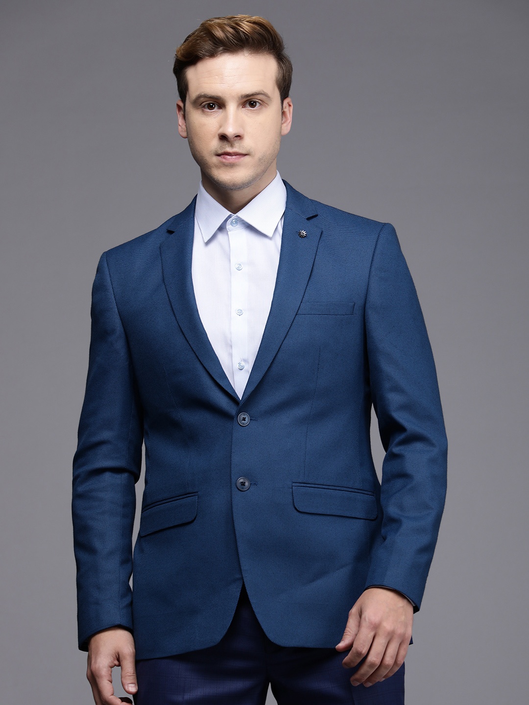 

Raymond Men Self Design Notched Lapel Collar Slim Fit Single-Breasted Formal Blazer, Blue