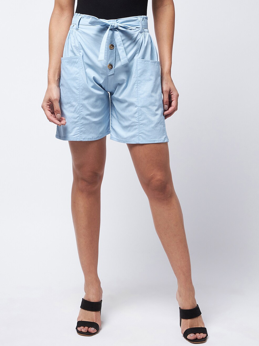 

Purple Feather Women Blue Waist Tie- Up Cotton Shorts